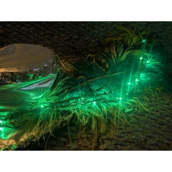 Adult Green Light Up Mardi Gras Gold Top Hat Feathers Halloween Costume Unisex - Picture 4 of 12